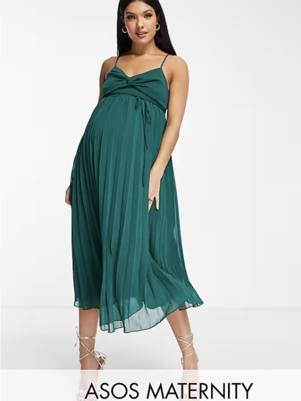 ASOS Maternity Emerald Pleated Spaghetti-Strap Midi Dress with Tie Detail